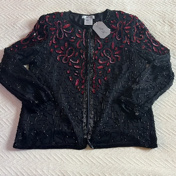 Vintage Beaded Jacket Sequins Black Red  Valentine Medium NWT - Picture 2 of 11